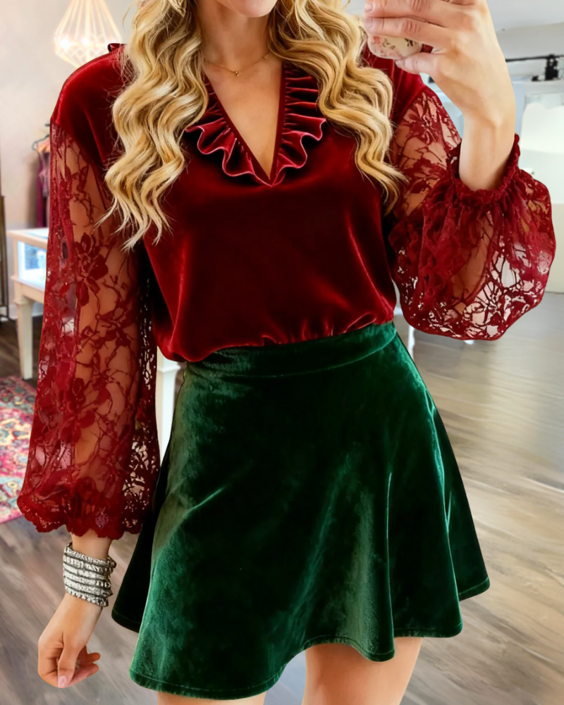 Retro Velvet Ruffled V-Neck Top