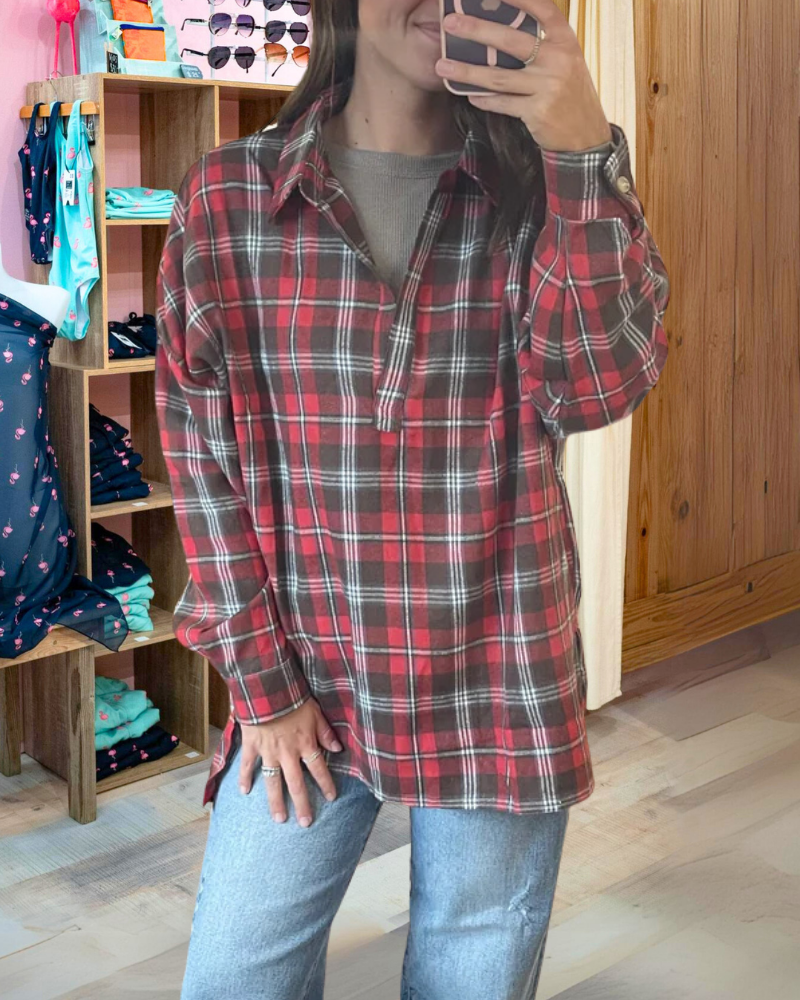 Stylish Plaid Half-open Collar Top