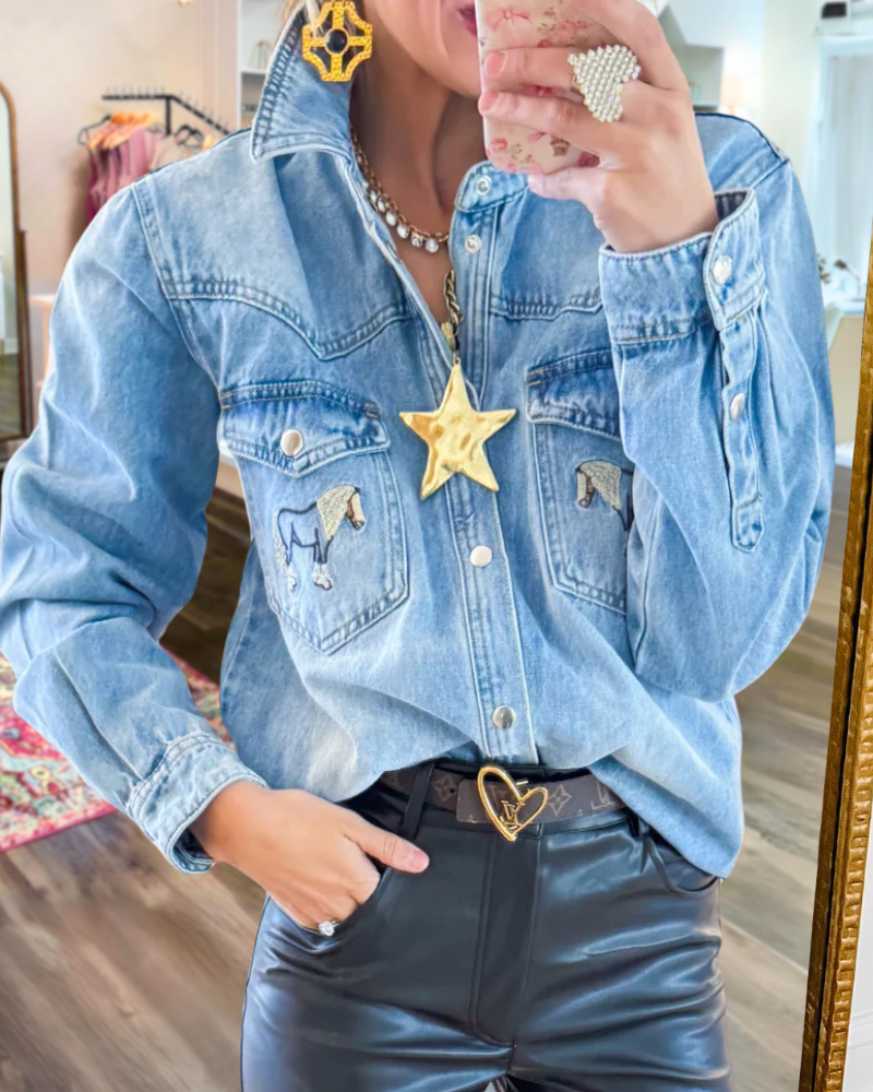 Horse Embroidered Denim Shirt