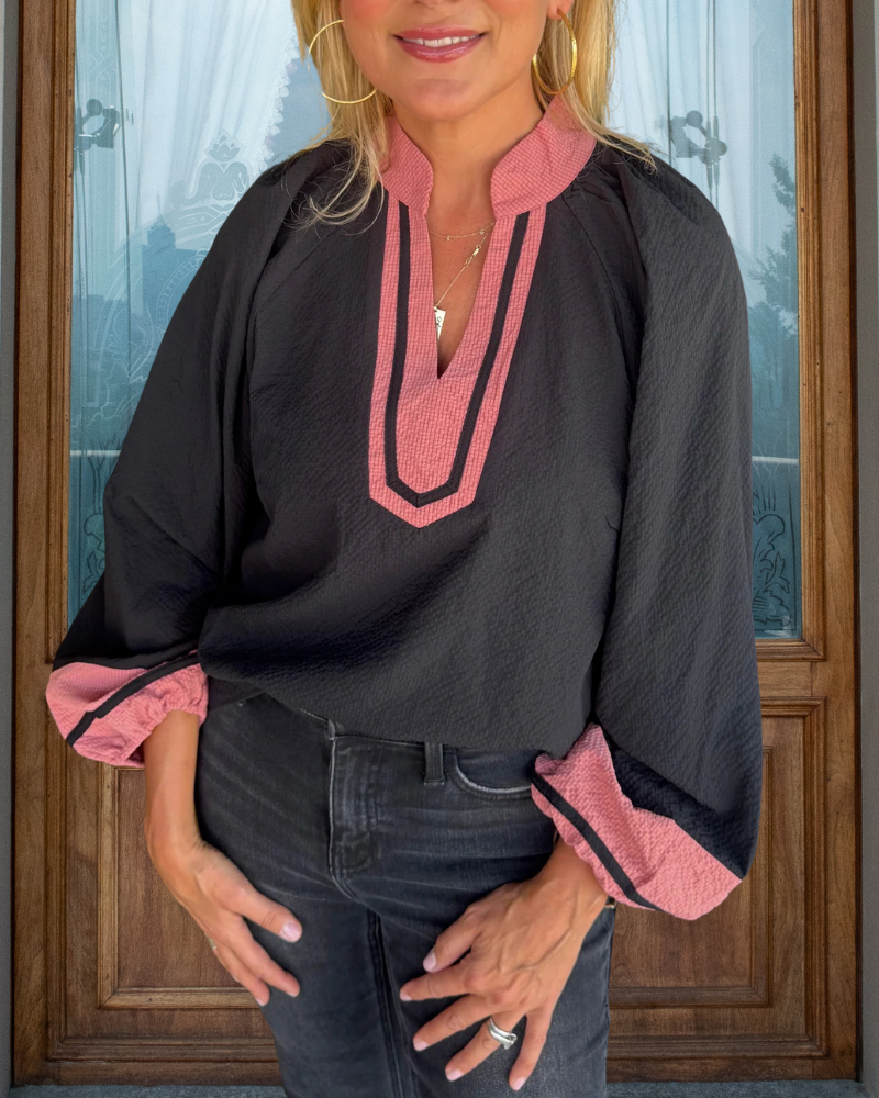 Contrast Trim Quilted V-Neck Top