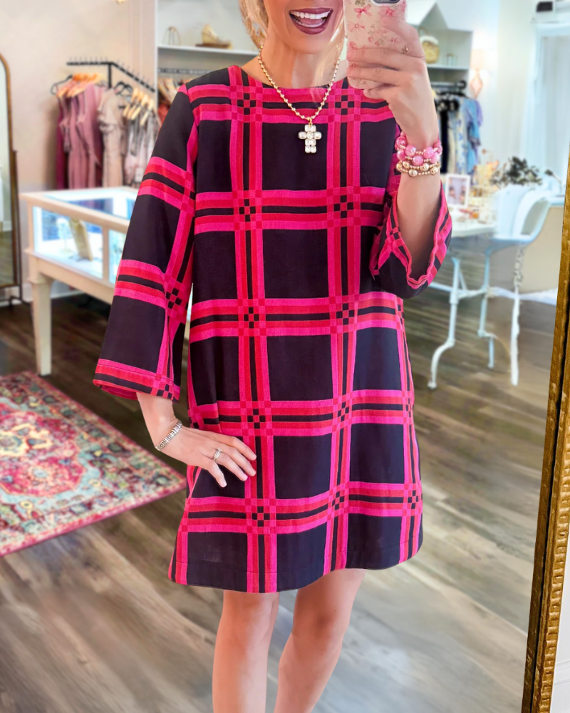 Plaid Satin Crewneck Mini Dress