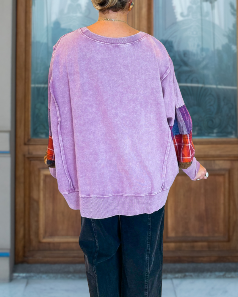 Plaid Patchwork Sleeve Pullover