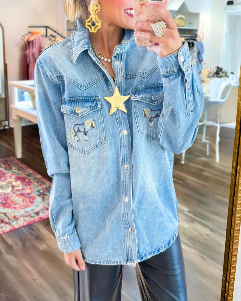 Horse Embroidered Denim Shirt