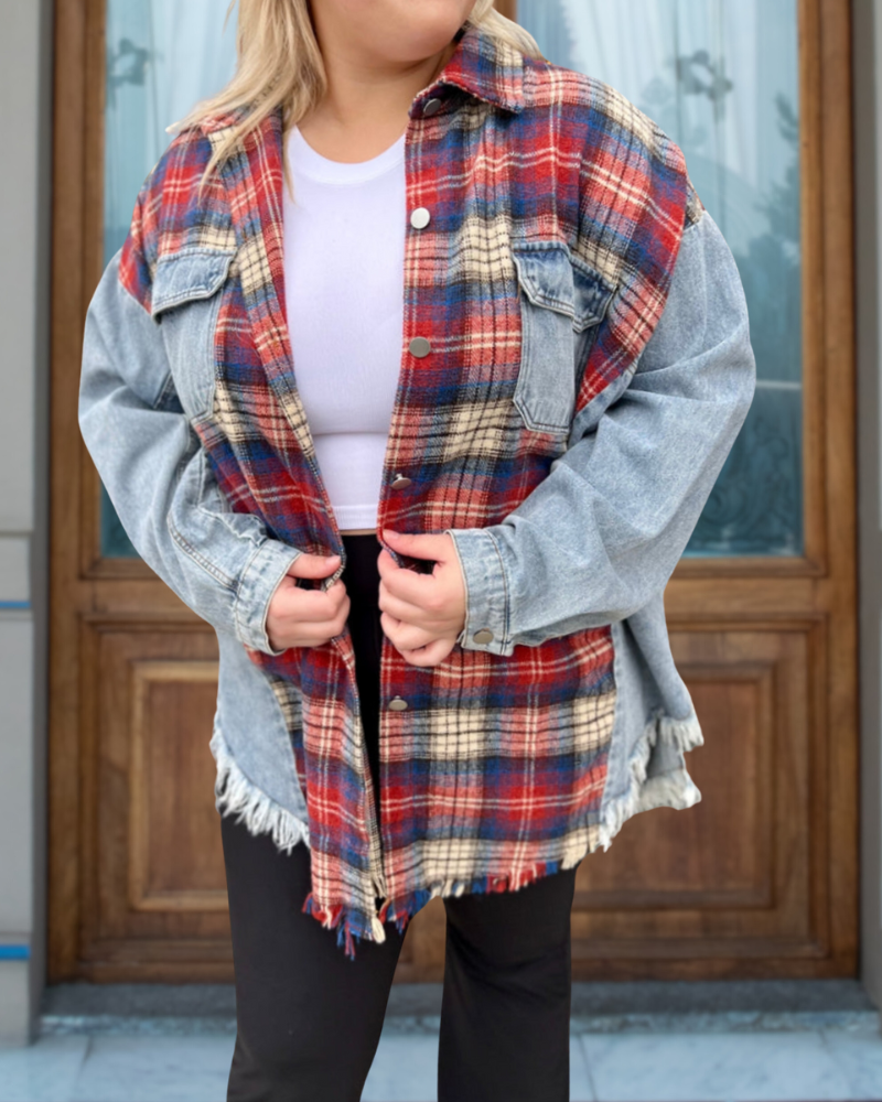 Denim&Plaid Patchwork Oversize Shacket