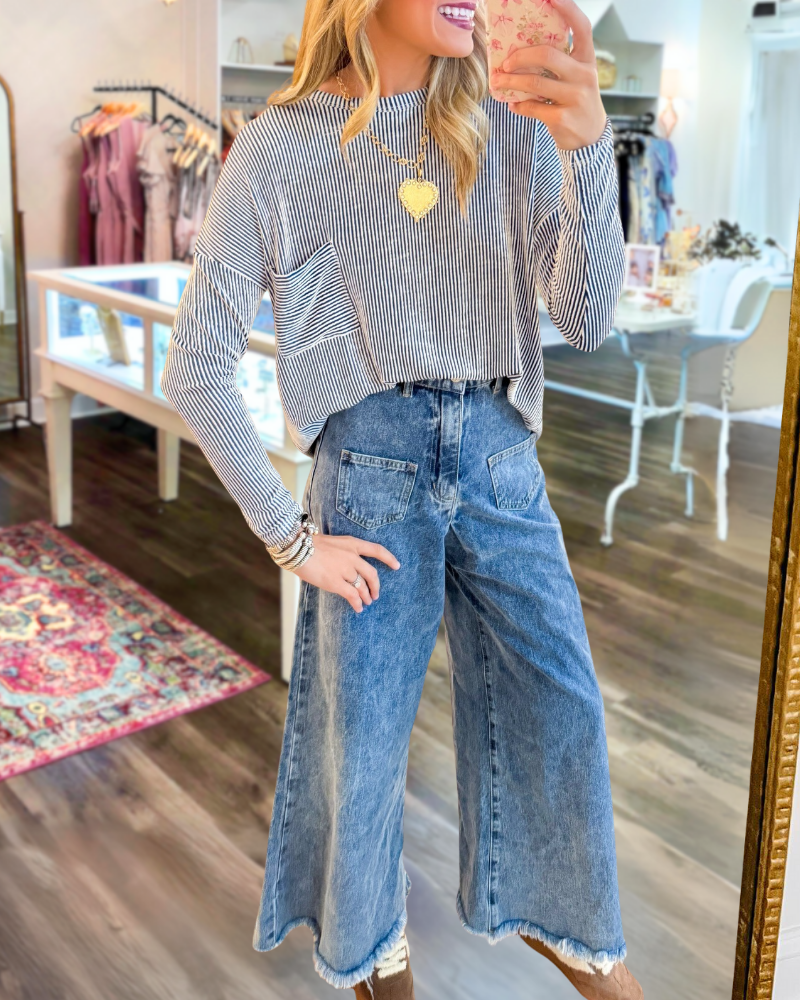 Casual Frayed Denim Wide-Leg Pants