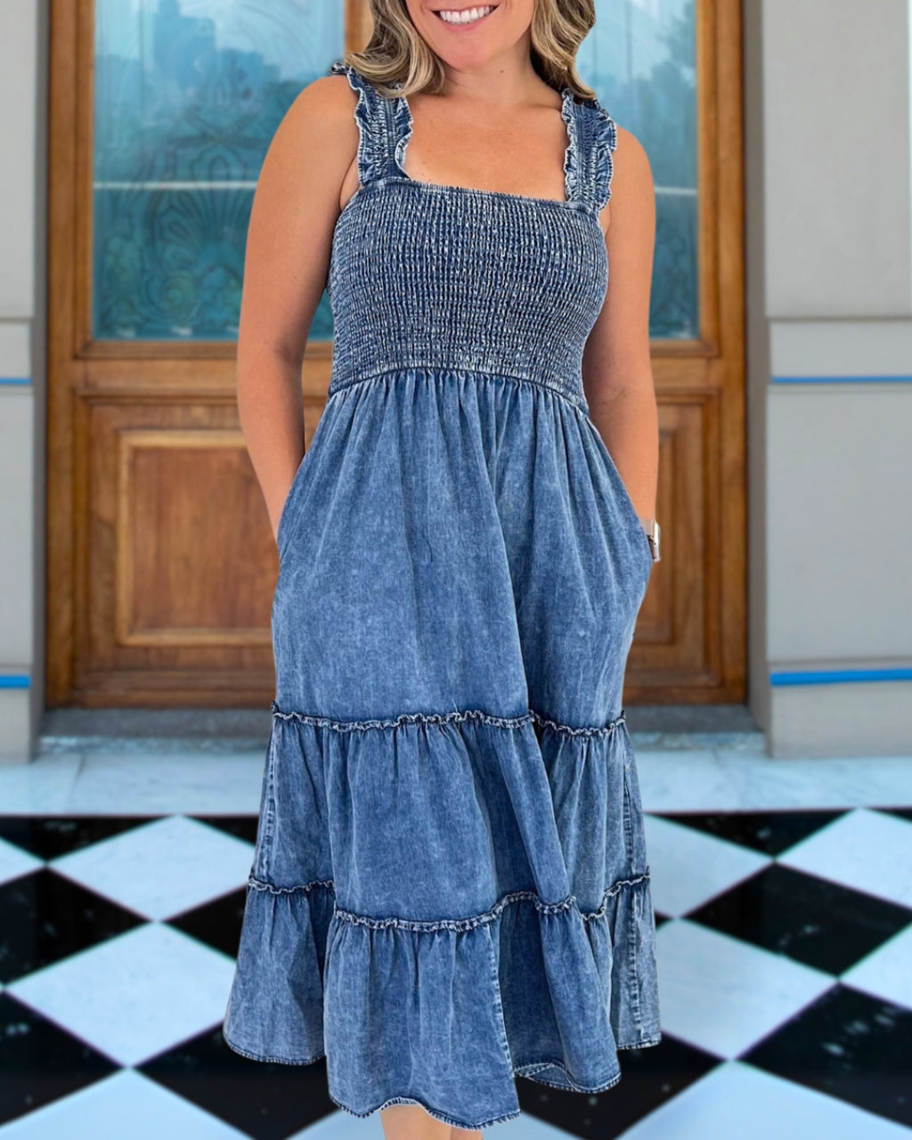 Smocked Denim Midi Dress