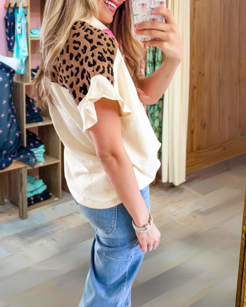 Patchwork Leopard Print Polo Top