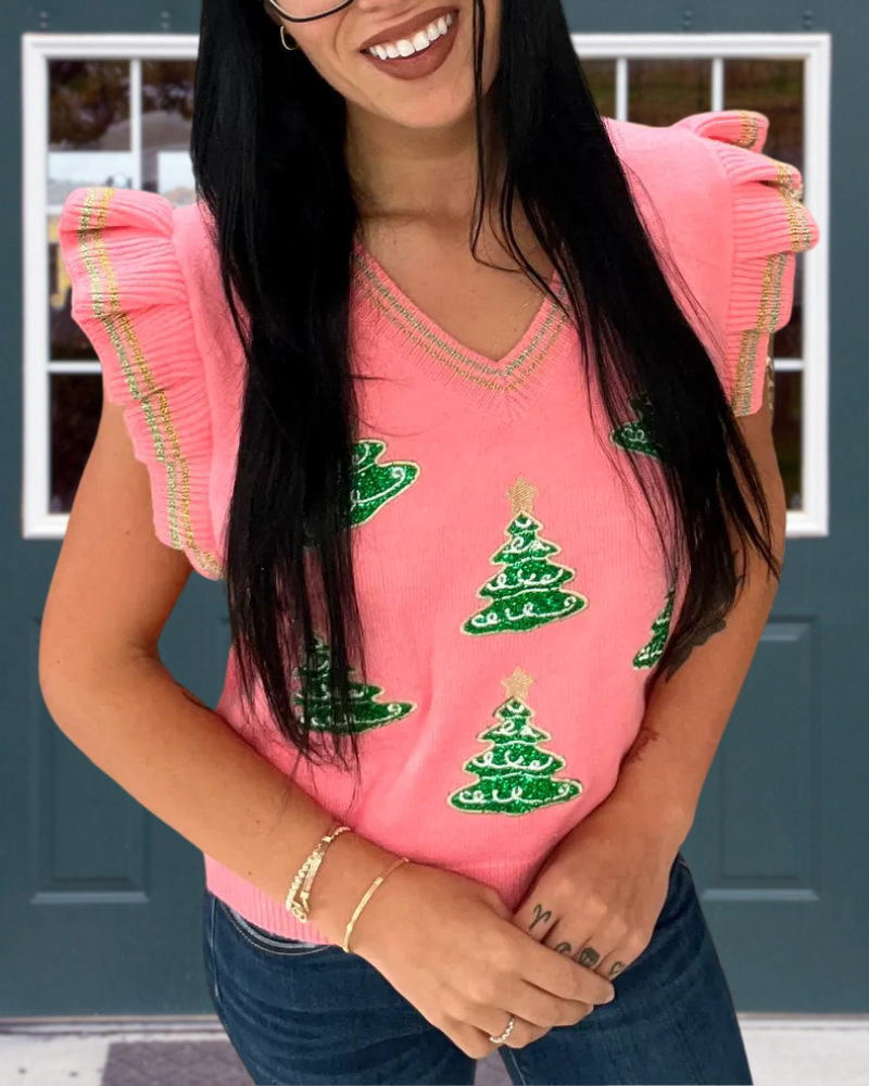 Christmas Tree Sequin V-Neck Vest