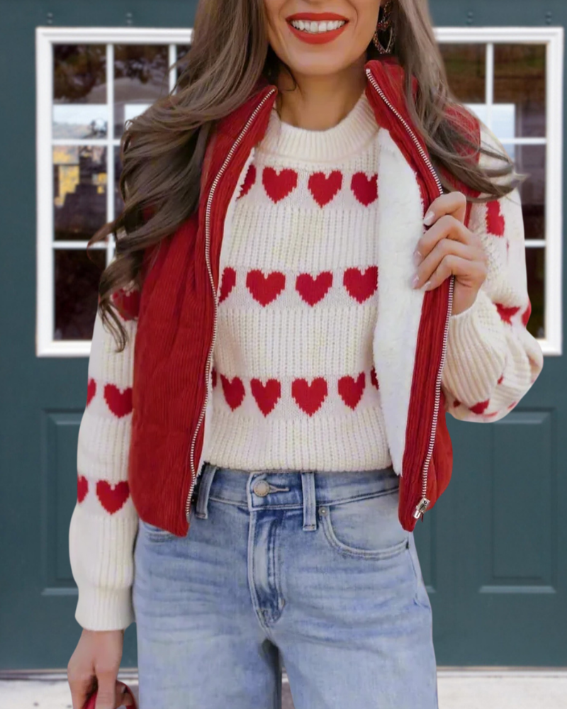 Heart-Shaped Ribbed Crewneck Sweater