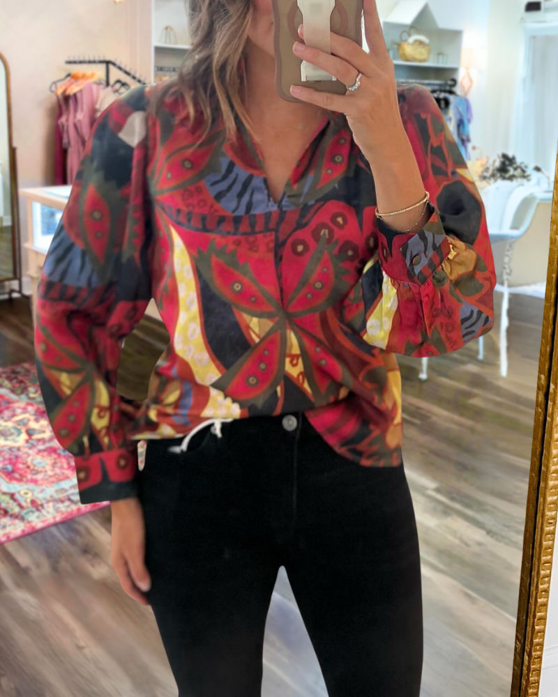 Jungle Floral Satin V-Neck Top