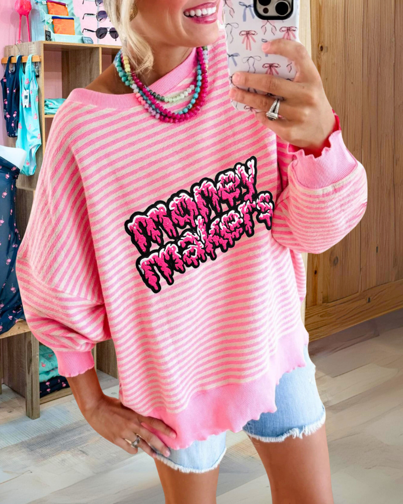 Money Makers Embroidered Striped Sweatshirt