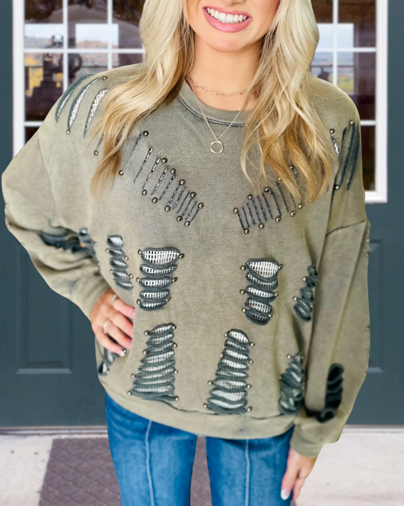 Unique Ripped Beaded Sweatshirt