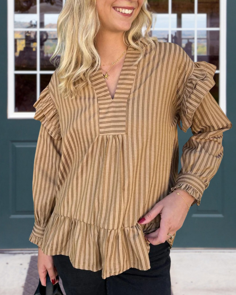 Trendy Striped Ruffle V-Neck Top