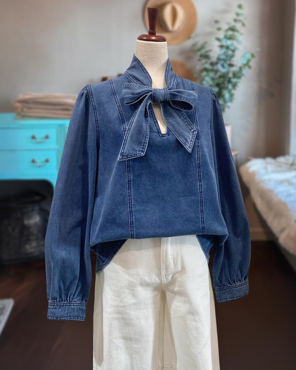 Bow Tie Denim Blouse