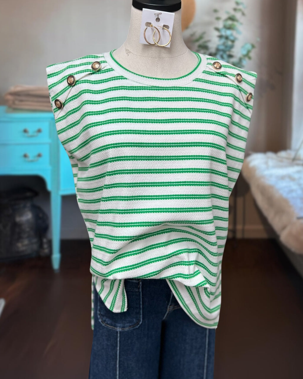 Button-embellished Striped Tee