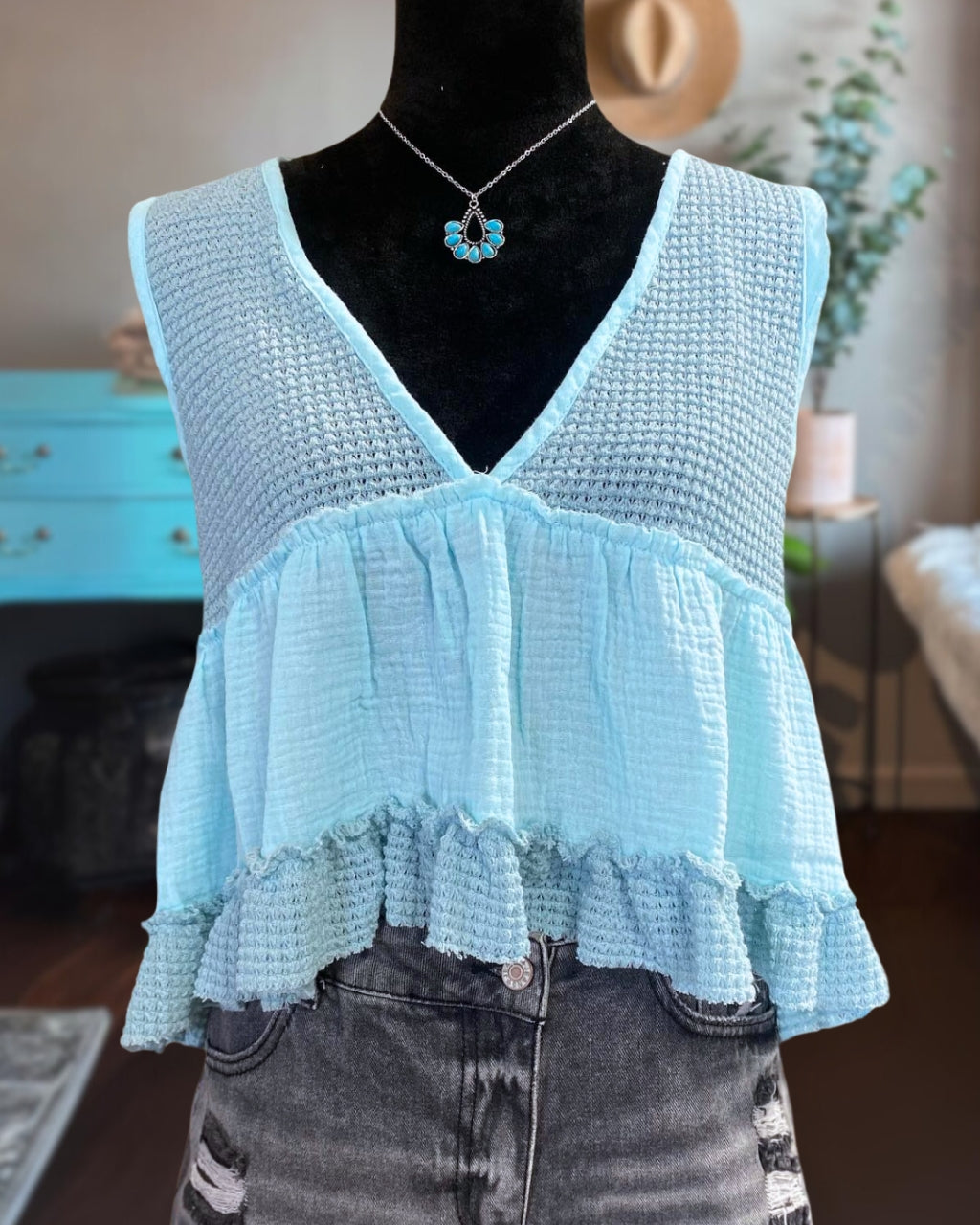 Light Blue V-neck Ruffle Tank