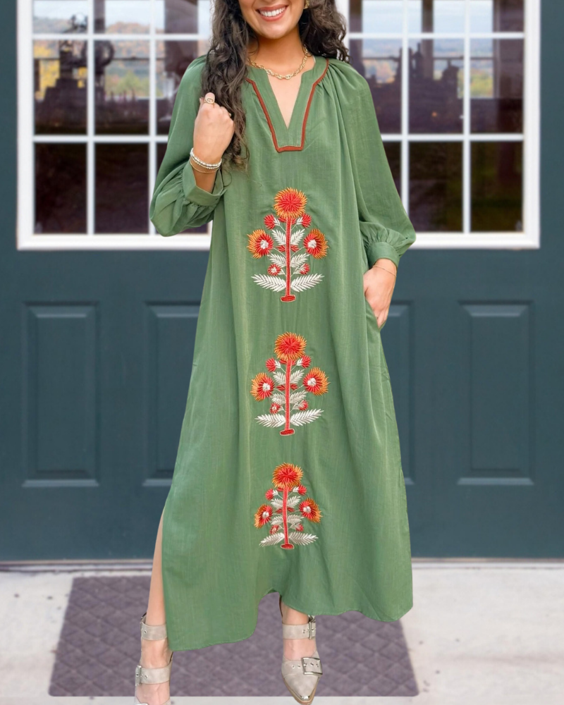 Floral Linen Embroidered Maxi Dress