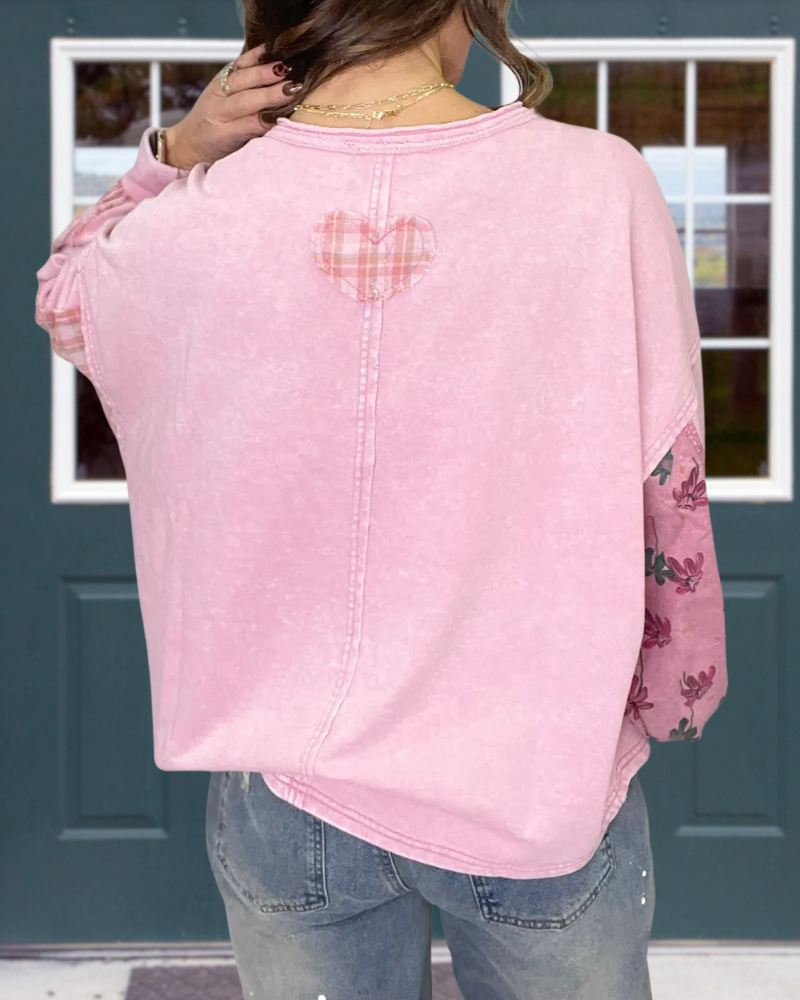 Minimalist Plaid Heart Washed Pullover