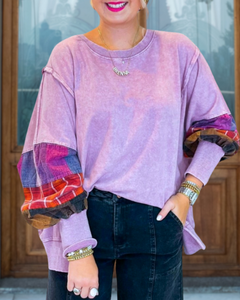 Plaid Patchwork Sleeve Pullover