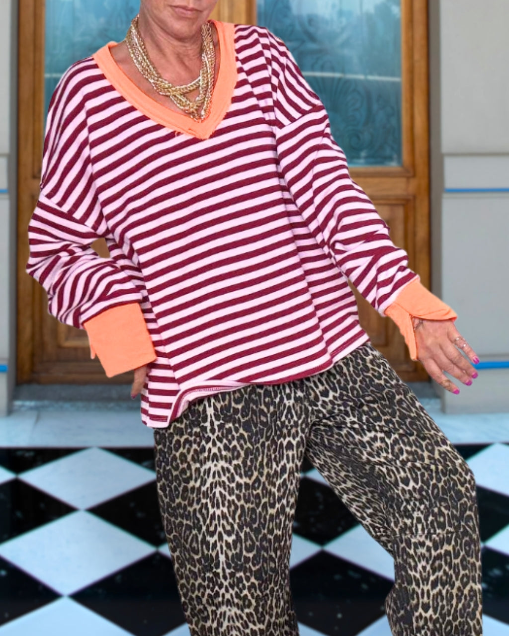 Slouchy V-Neck Striped Top