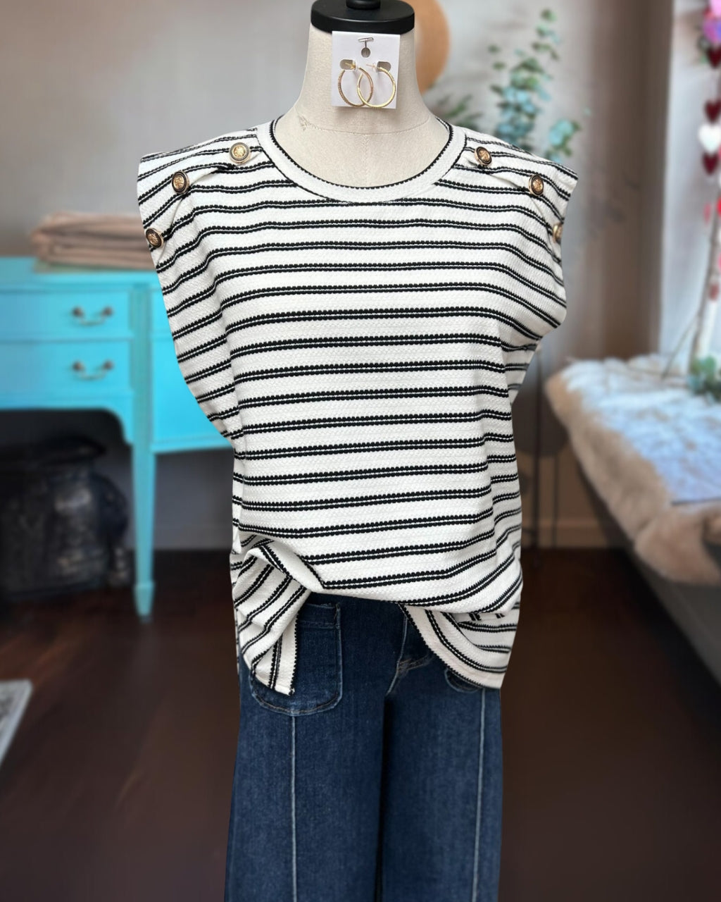 Button-embellished Striped Tee