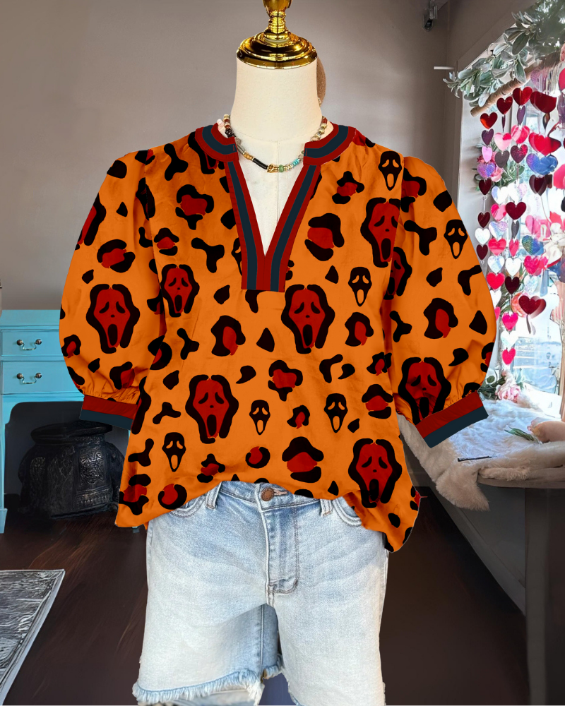 Abstract Skull Leopard Satin Top