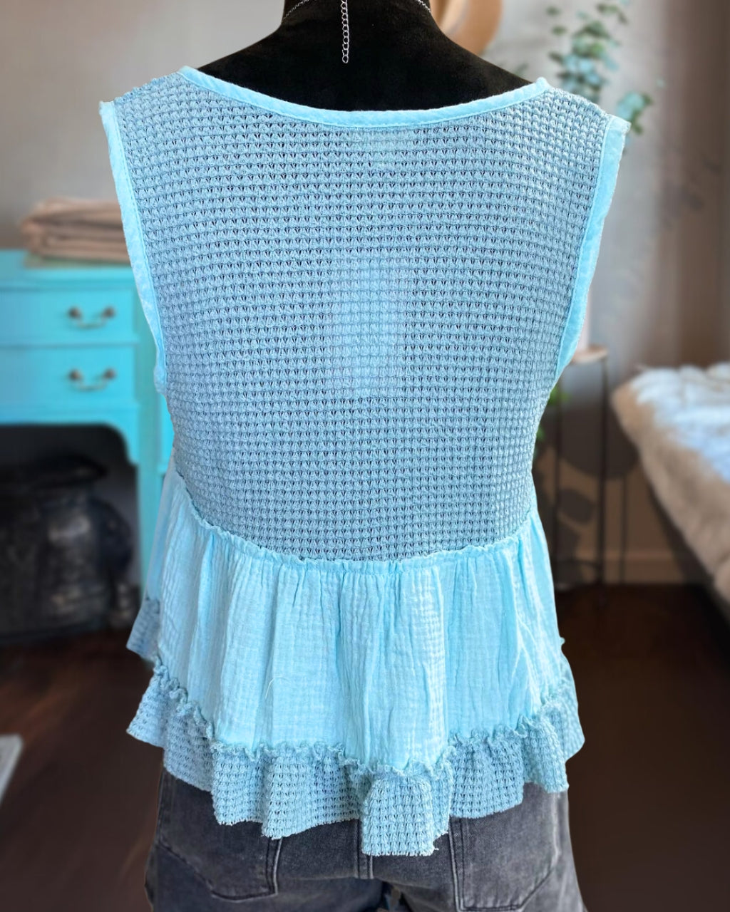 Light Blue V-neck Ruffle Tank