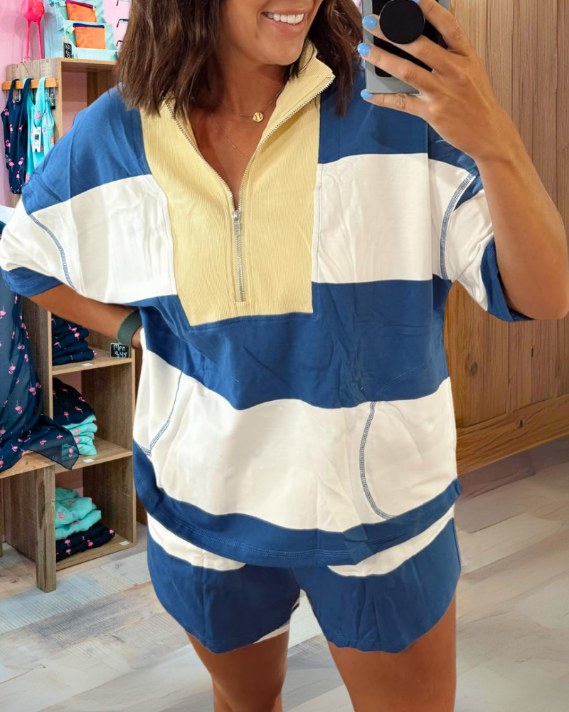 Colorblock Half-Zip Shorts Set