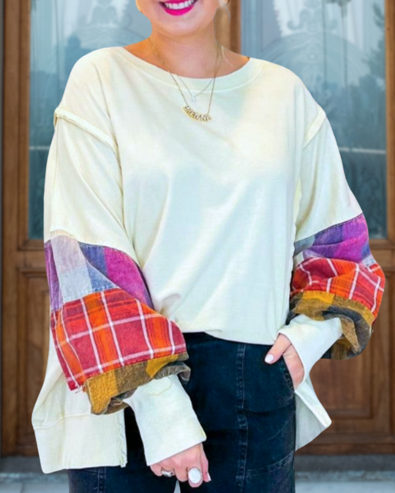 Plaid Patchwork Sleeve Pullover