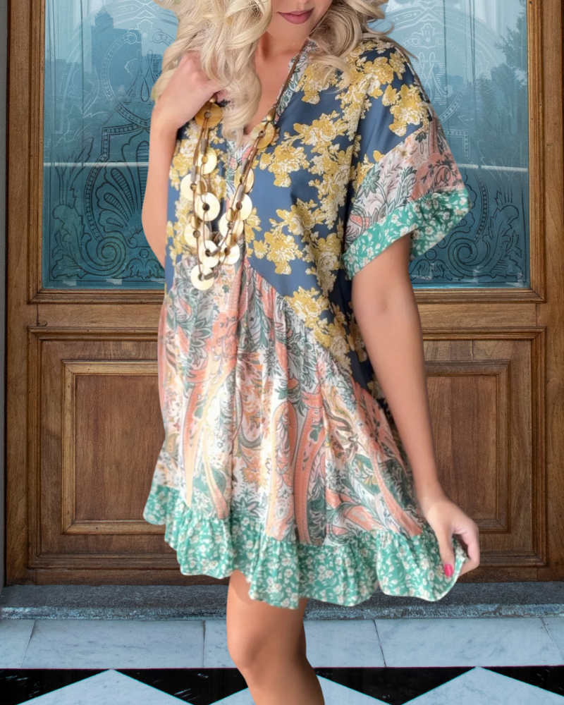 Graceful Colorblock Floral Satin Dress