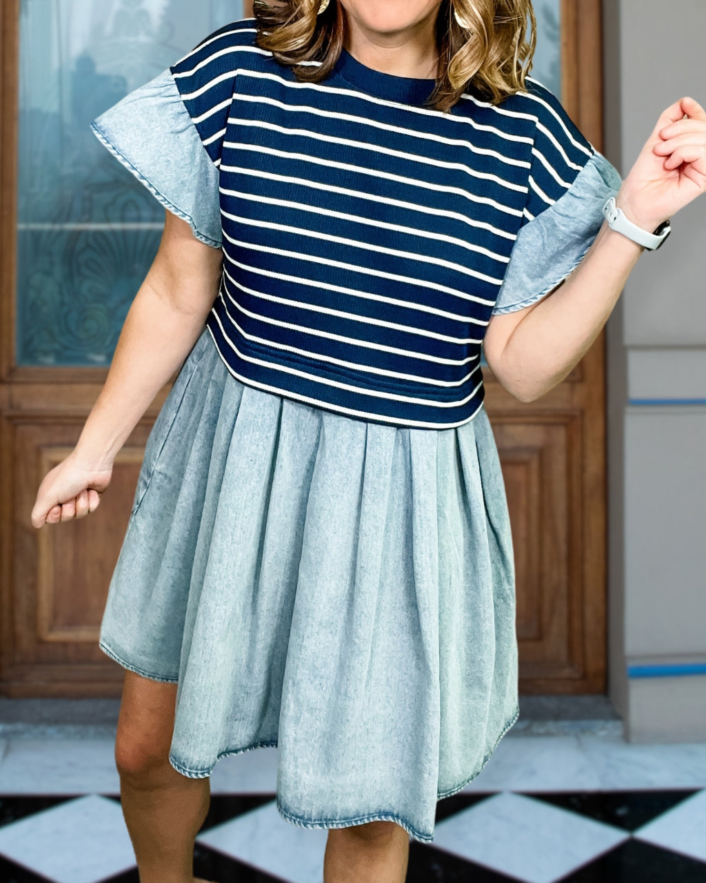 Striped Denim Flowy Mini Dress