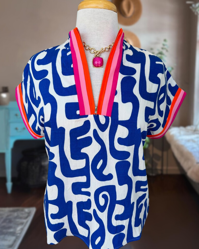 Striped Trim Abstract Print Top