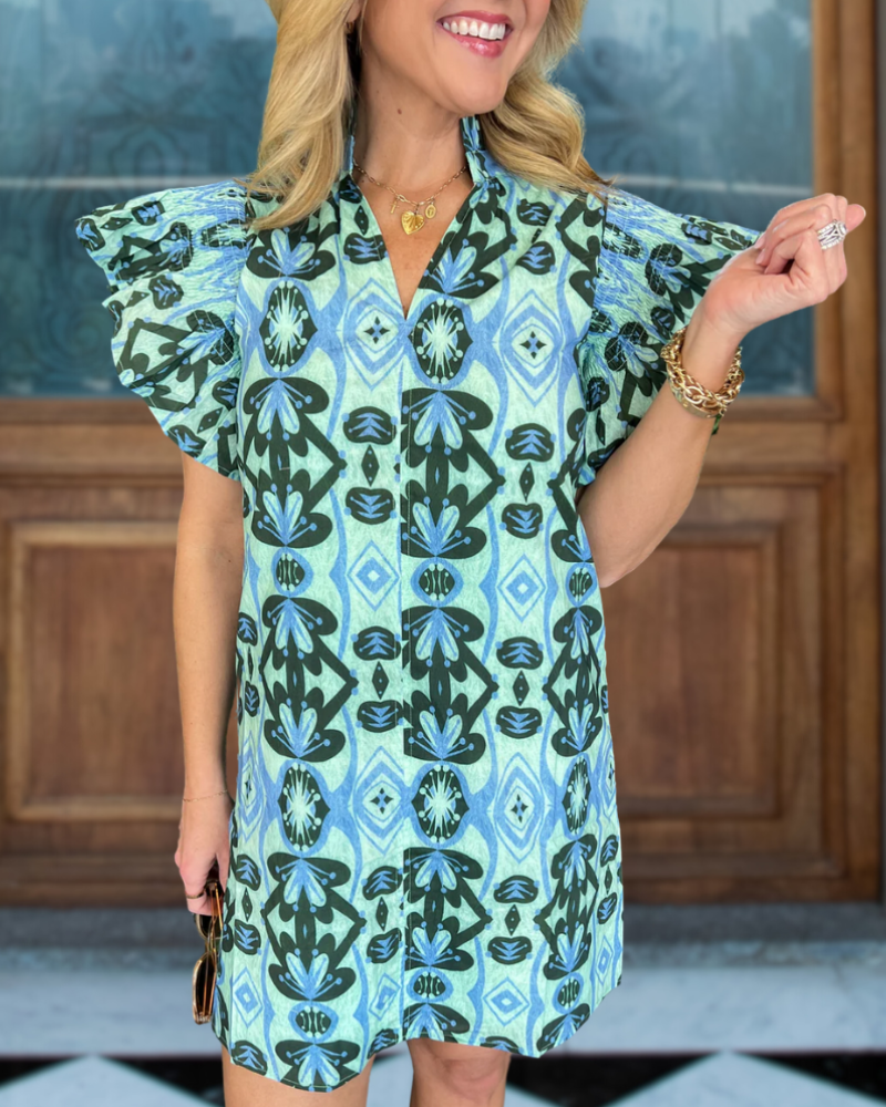 Tropical Print Ruffle Dress