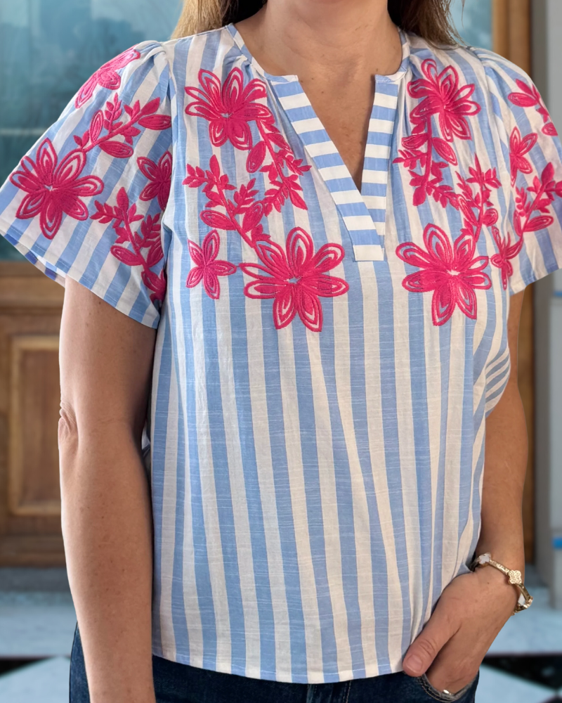 Sailor-Stripe Embroidered Blouse