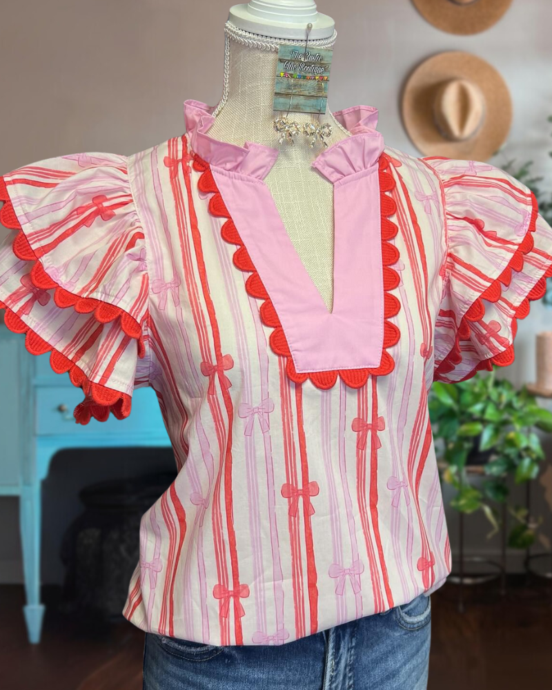 Pink Bow Flutter Sleeve Top