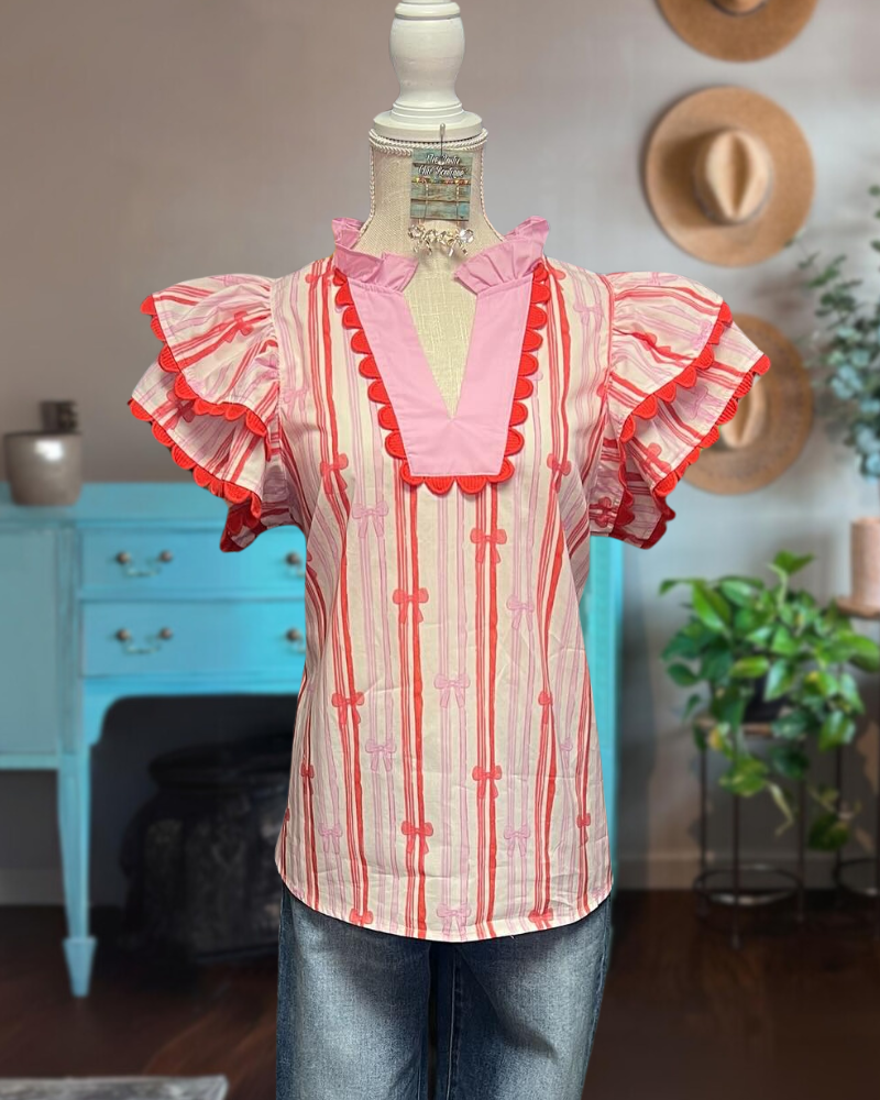 Pink Bow Flutter Sleeve Top