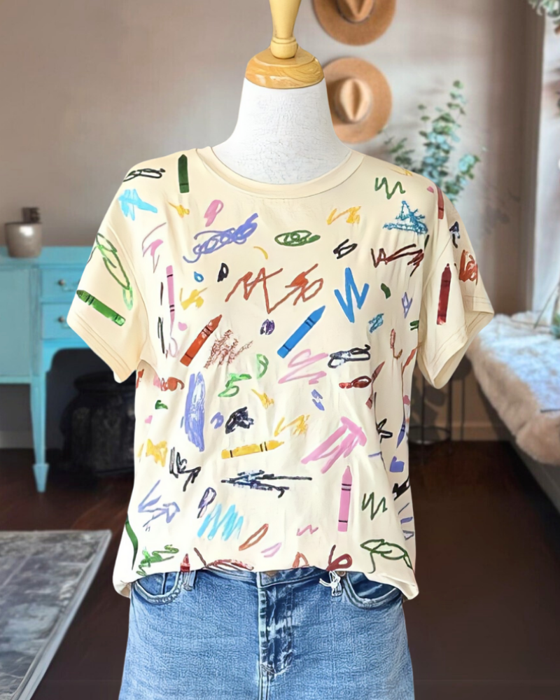 Multi Crayon Scribble Tee-Beige