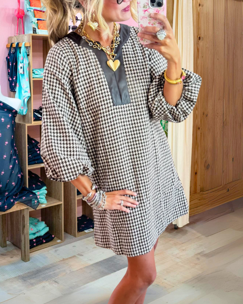 Woolen Houndstooth Puff Sleeve Dress