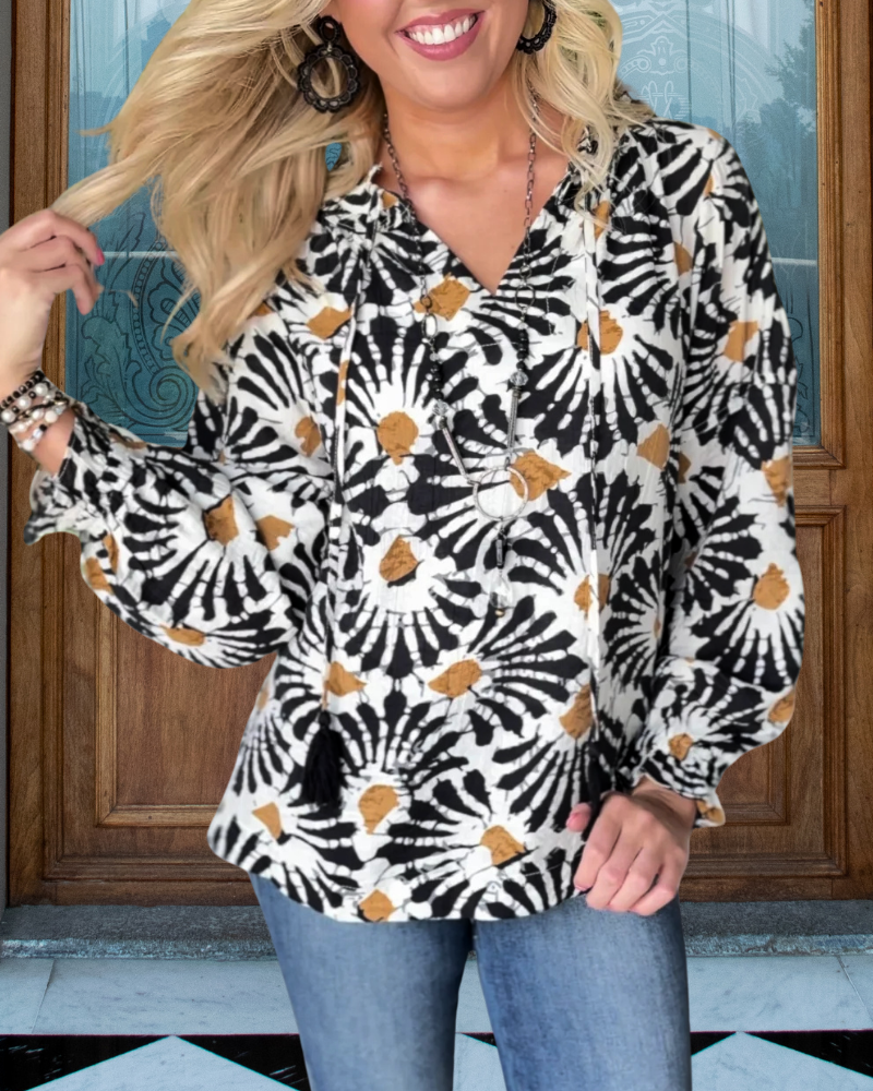 Abstract Ink Floral V-Neck Top