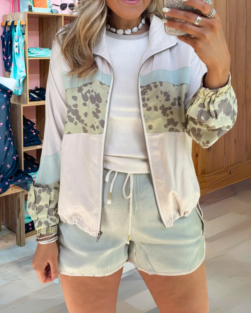 Leopard Colorblock Zip-Up Jacket