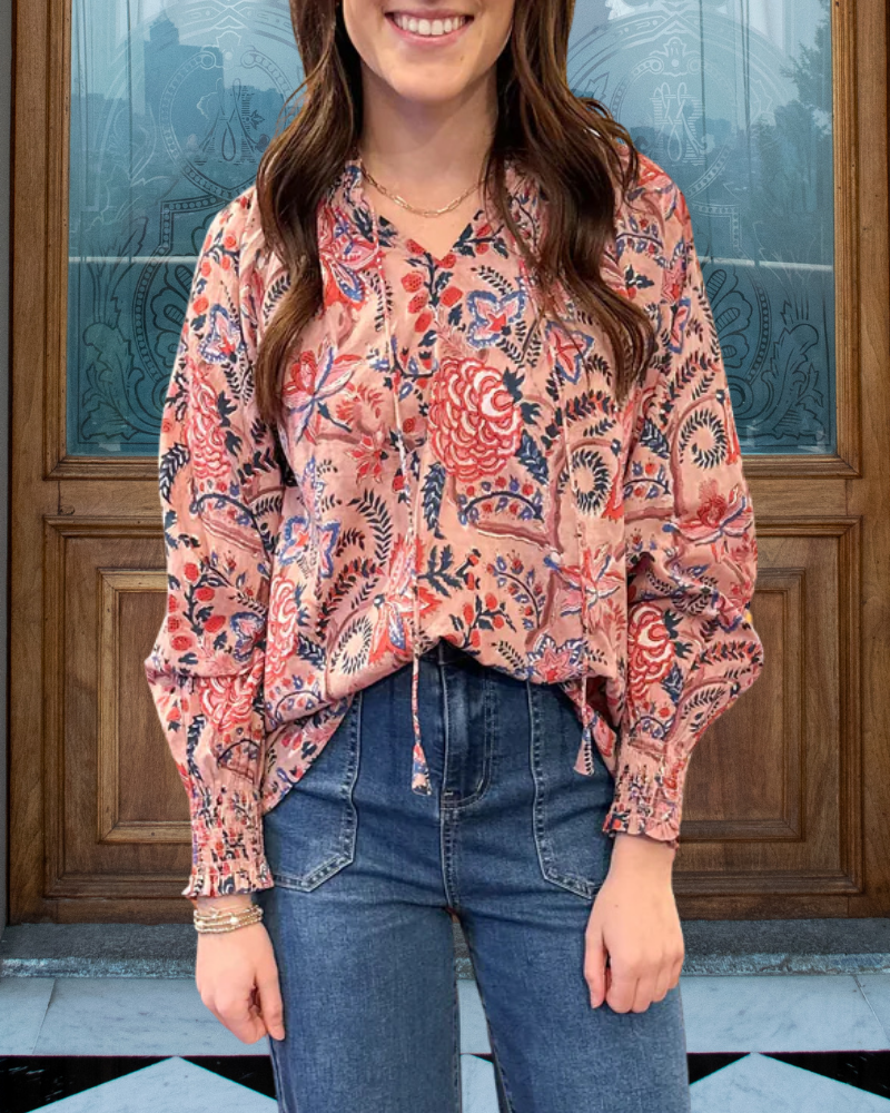 Elegant Mixed Floral Drawstring Top