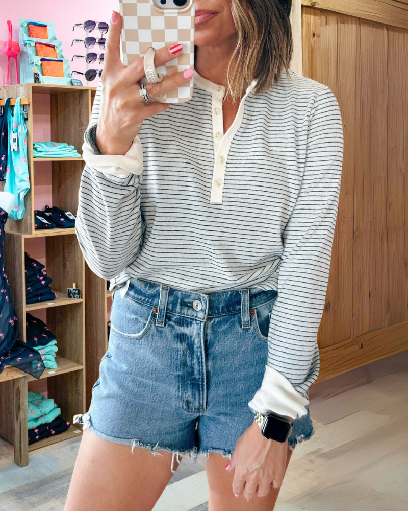 Simple Striped Half Collar Button Top