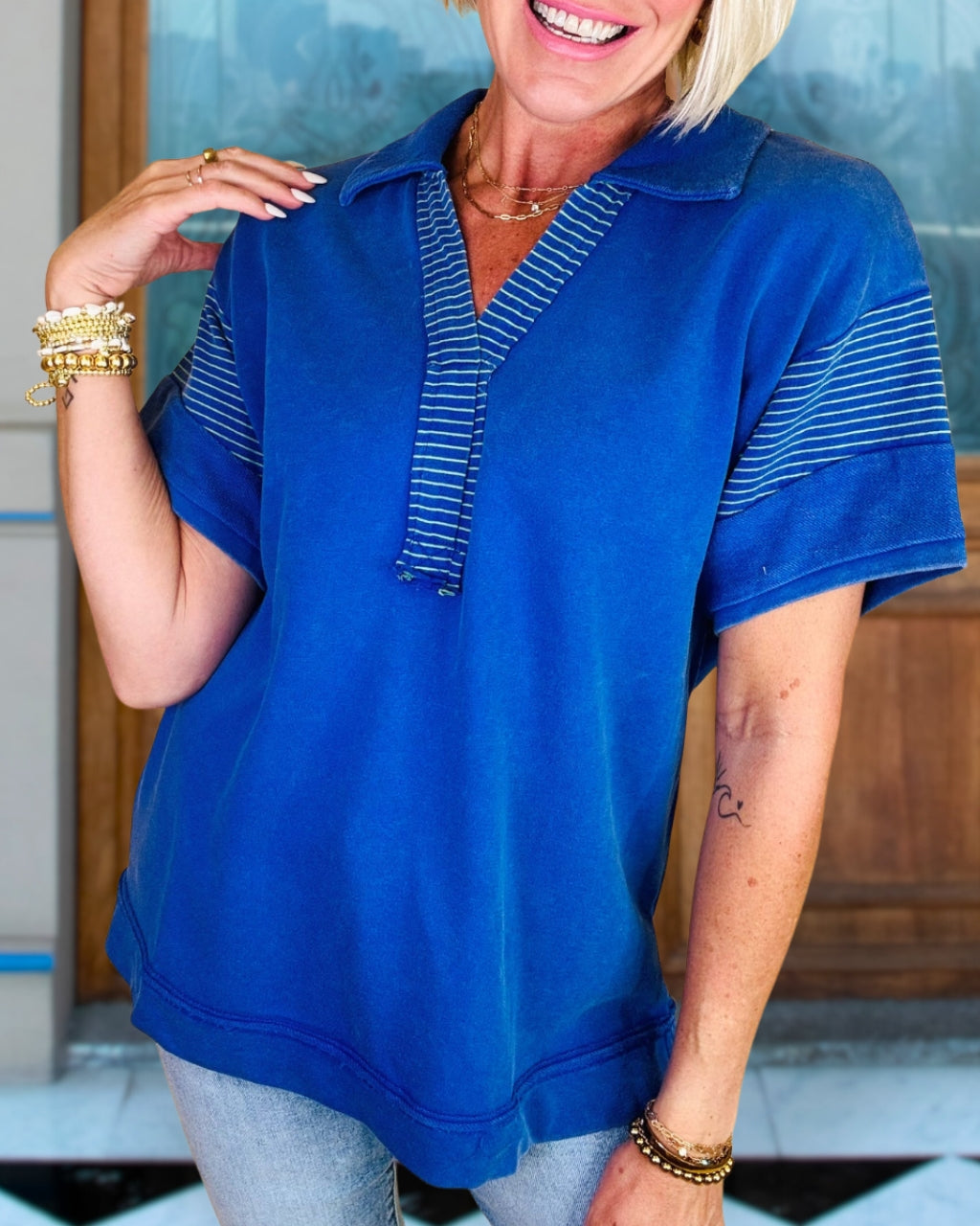 Washed Stripe Collar Top