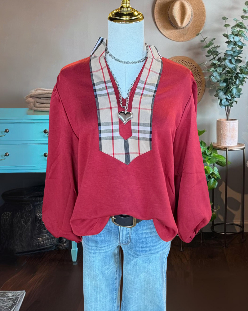 Simple Plaid Trim V-neck Top