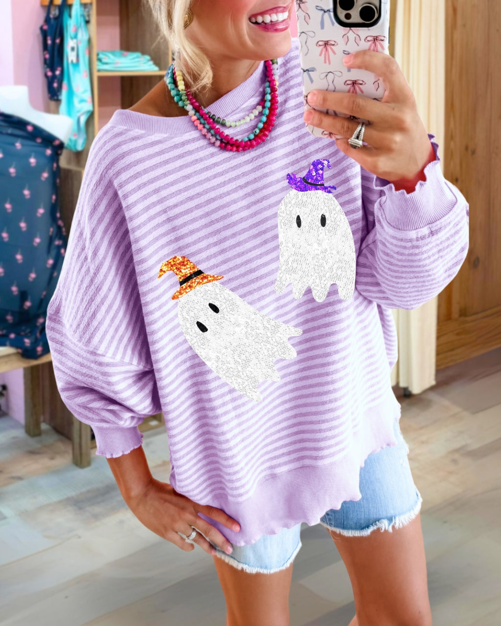 Sequin Ghost Striped Pullover