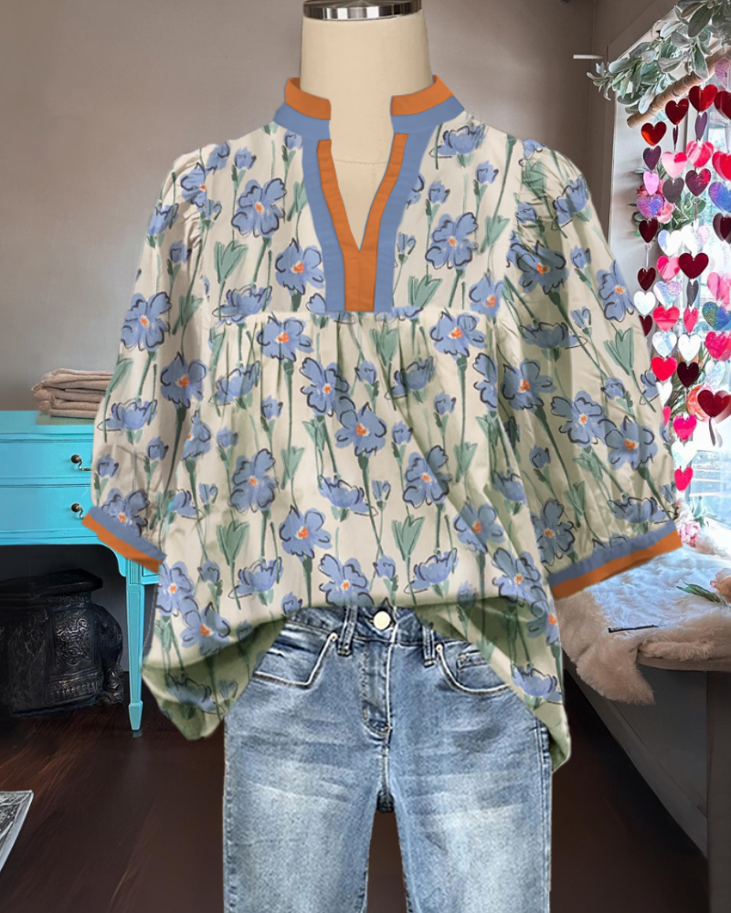 Fresh Floral Striped Trim Top