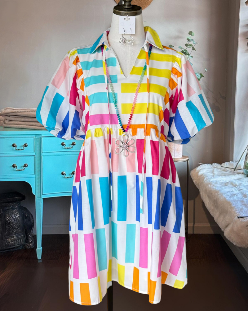 Playful Rainbow Check Satin Dress