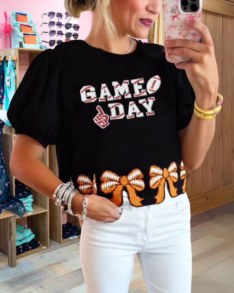 Game Day Bow Embroidered Top
