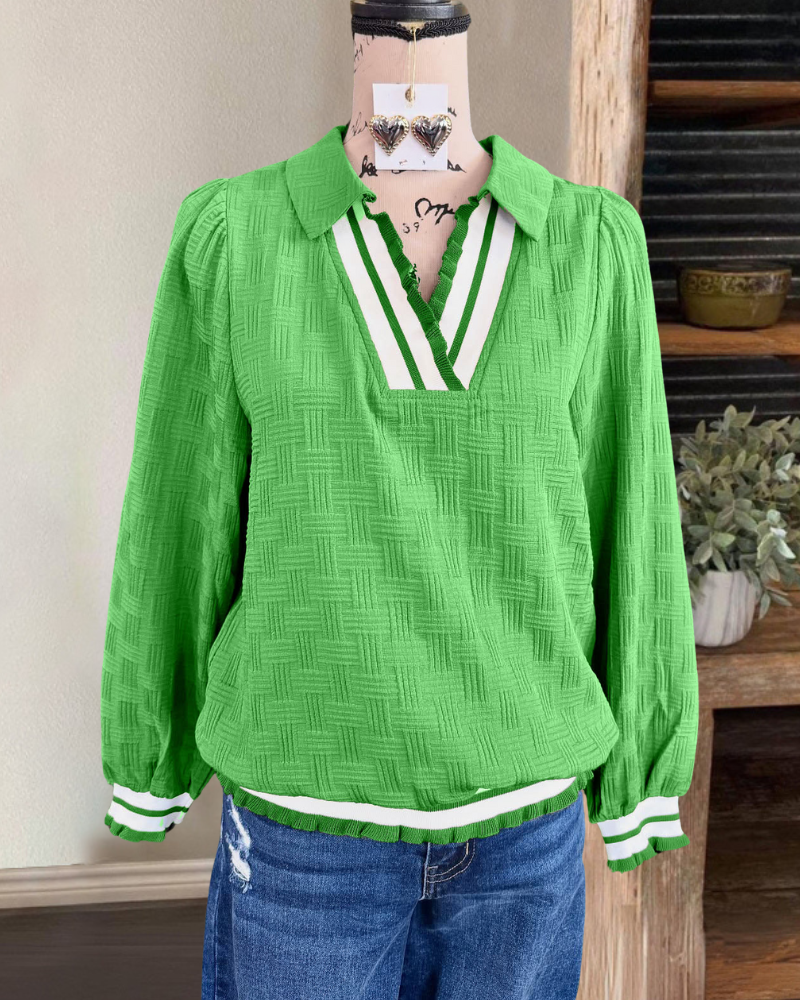 Unique Quilted Ruffle V-Neck Top