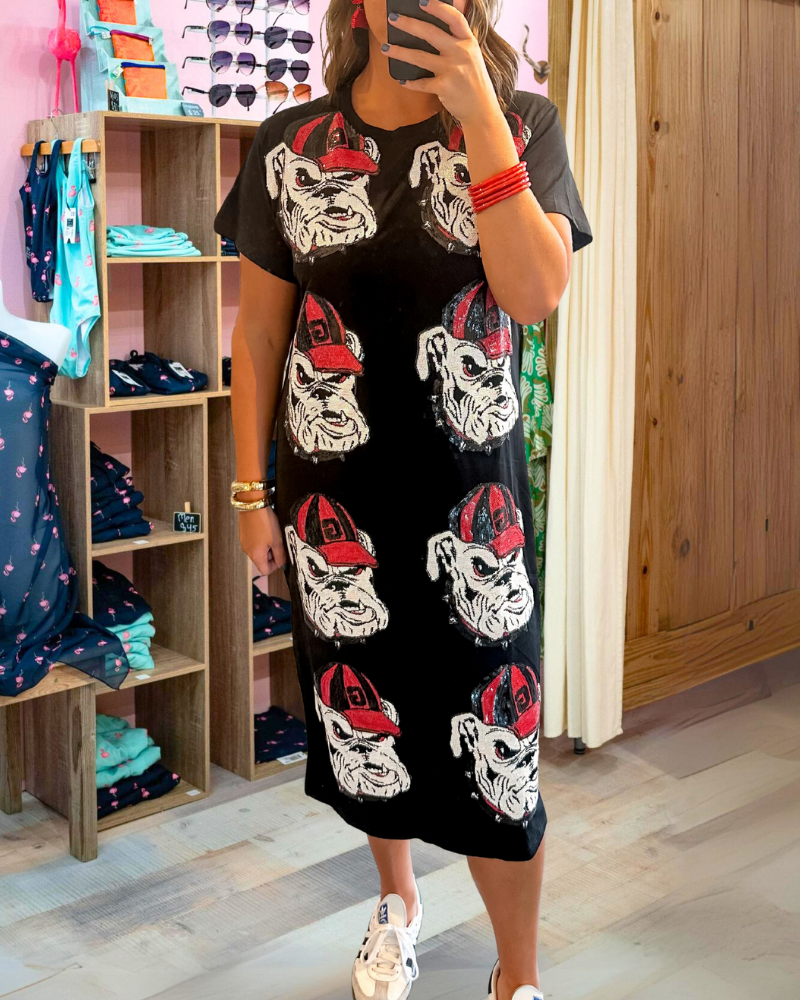 Bulldog Sequined Crewneck Dress